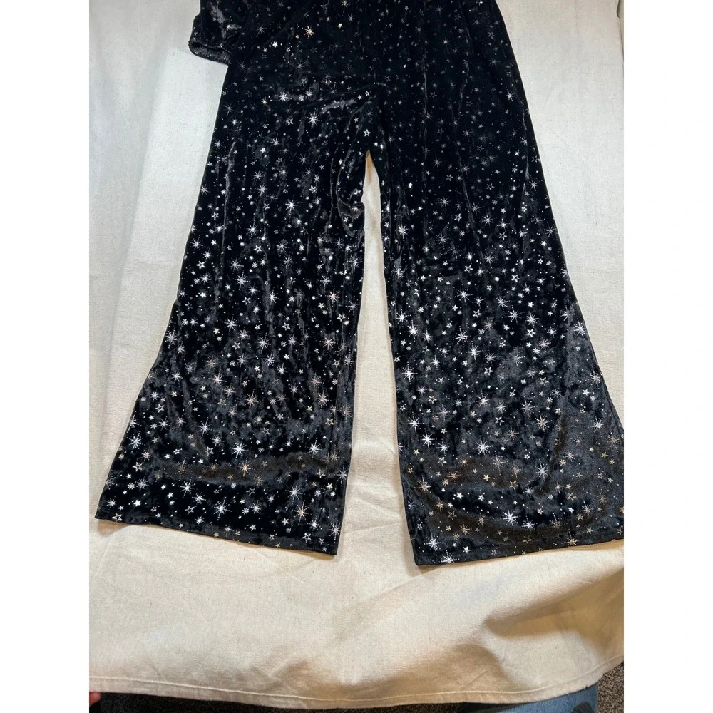 Justice Girls XL Plus Black Crushed Velvet Star Jumpsuit One Shoulder Wide Leg